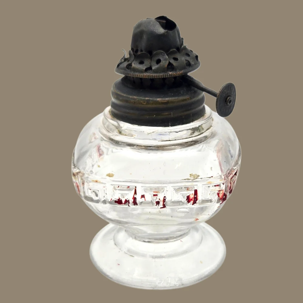 Antique Miniature Oil Lamp Pressed Glass Greek Key Red Stain 3.75”